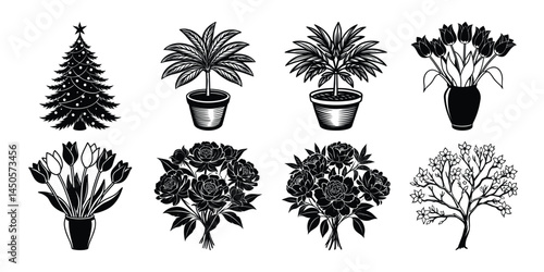 Three potted plants are arranged in a row, with one of them being a palm tree. The plants are all different sizes and shapes, but they all have a similar color scheme of green and brown
