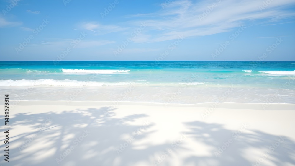 Fototapeta premium Seaside Serenity: A tranquil view of the sea where the pristine sand meets the turquoise sea under a radiant sky. A perfect backdrop for serenity and travel exploration.
