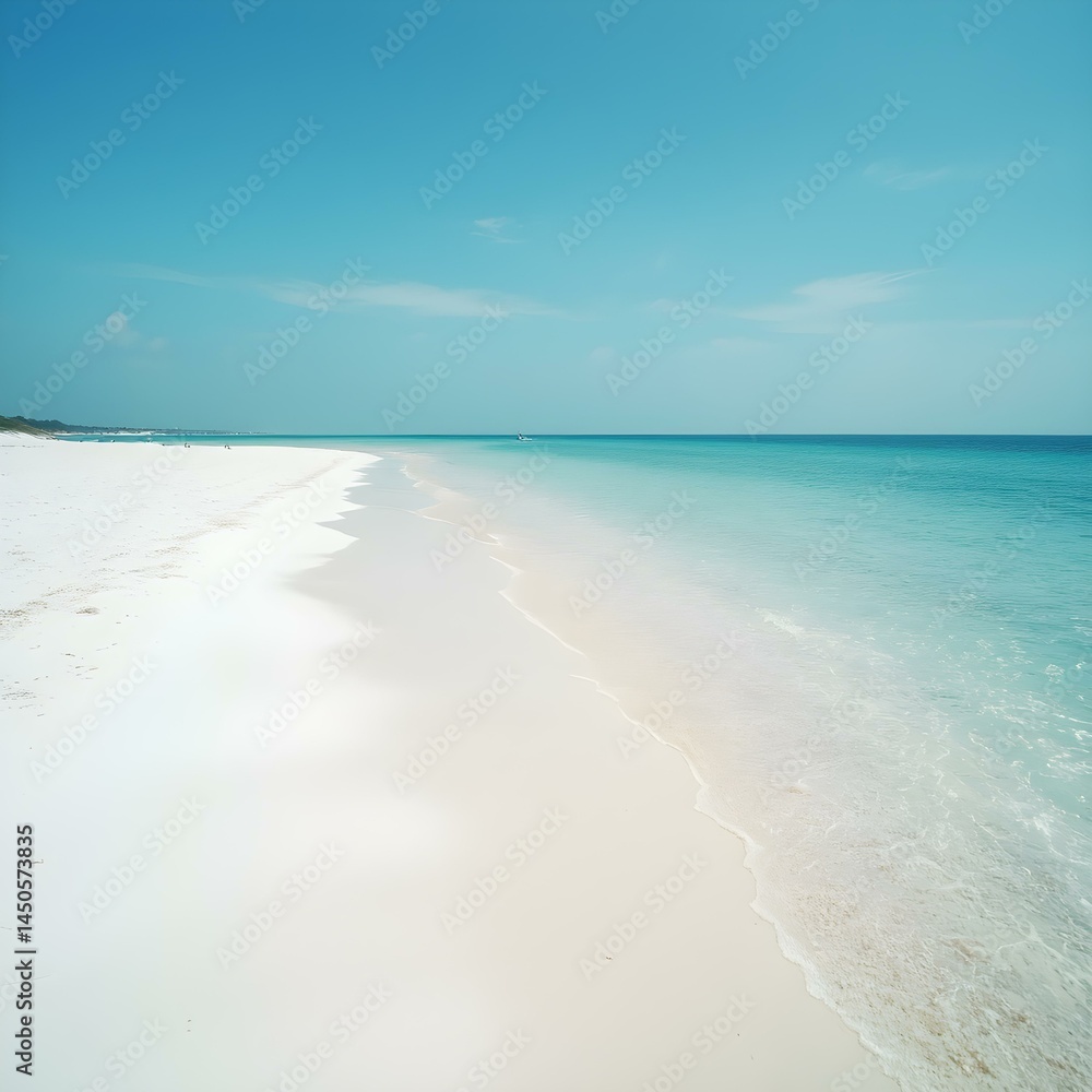 Obraz premium Turquoise Serenity: An idyllic coastal scene unfolds, with pristine white sand meeting the gentle turquoise waves of the ocean under a vast, clear blue sky. 