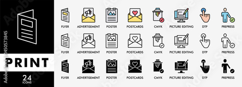 PRINT icon set with various styles and colors flyer, advertisement, brochure, poster, postcards, cmyk, picture editing, dtp, and prepress
