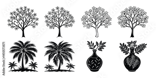 Three potted plants are arranged in a row, with one of them being a palm tree. The plants are all different sizes and shapes, but they all have a similar color scheme of green and brown