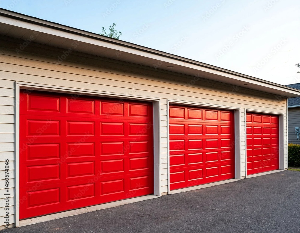 On a light background, two garages with bright red doors are located next to each other, covered with a common roof, and above them stretches a clear blue sky. On a light background, two garages with bright red doors are located next to each other, covered with a common roof, and above them stretches a clear blue sky.
