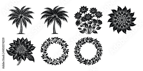 Three potted plants are arranged in a row, with one of them being a palm tree. The plants are all different sizes and shapes, but they all have a similar color scheme of green and brown