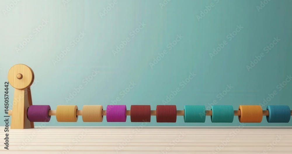Naklejka premium industrial machinery and production line mechanized concept. Colorful wooden abacus on a wooden surface against a teal background.
