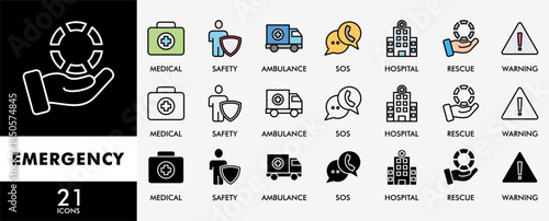EMERGENCY icon set with various styles and colors urgency, medical, safety, ambulance, sos, hospital, rescue, and warning