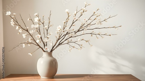 Blossoming Elegance: delicate, flowering branches in a minimalist vase. Bathed in soft sunlight, against an off-white backdrop. 