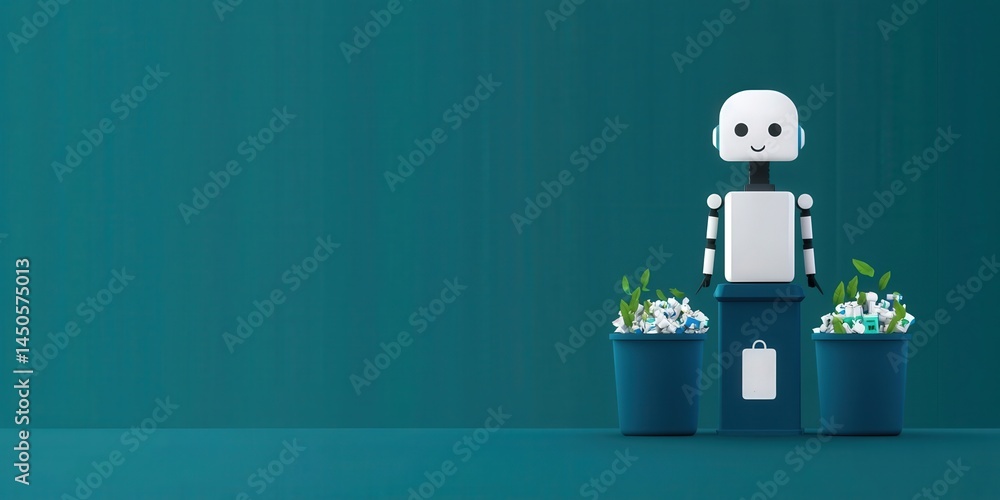 Obraz premium industrial machinery and production line mechanized concept. Robot surrounded by plants in two pots against a teal background.
