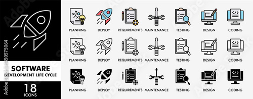 SOFTWARE DEVELOPMENT LIFE CYCLE icon set with various styles and colors sdlc with icon of planning, requirements, design, coding, testing, deploy and maintenance
