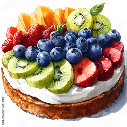 Fresh Fruit Tart With Cream Filling, vector watercolor illustration, isolated on a white background.