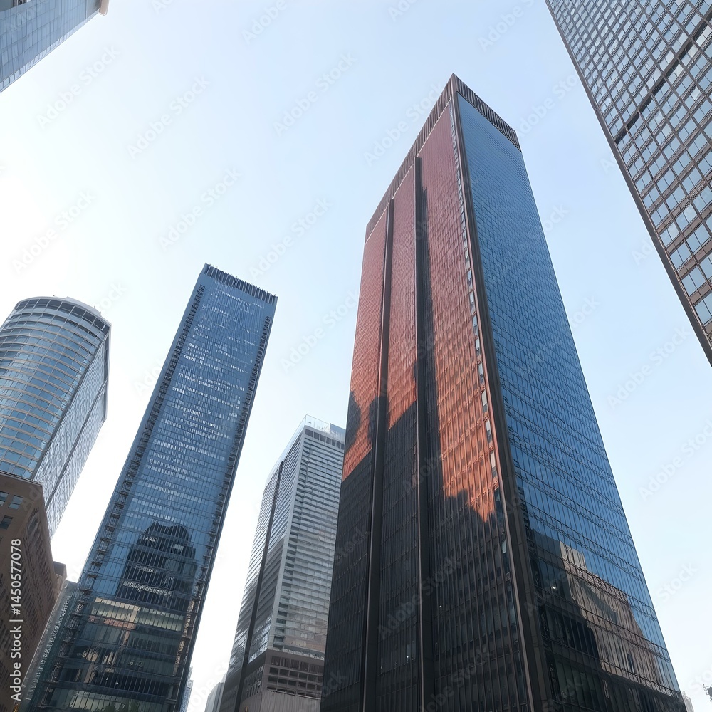 Skyward Ambition: A breathtaking low-angle perspective of a majestic skyscraper reaching skyward amidst a cluster of high-rises, capturing the sheer scale and ambition of modern architecture. Skyward Ambition: A breathtaking low-angle perspective of a majestic skyscraper reaching skyward amidst a cluster of high-rises, capturing the sheer scale and ambition of modern architecture.