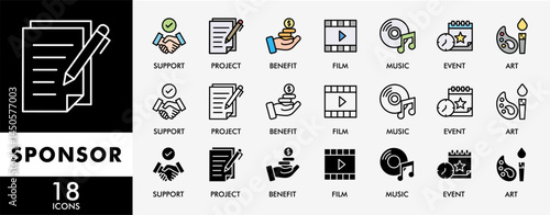SPONSOR icon set with various styles and colors support, project, benefit, art, event, music, sport, and film