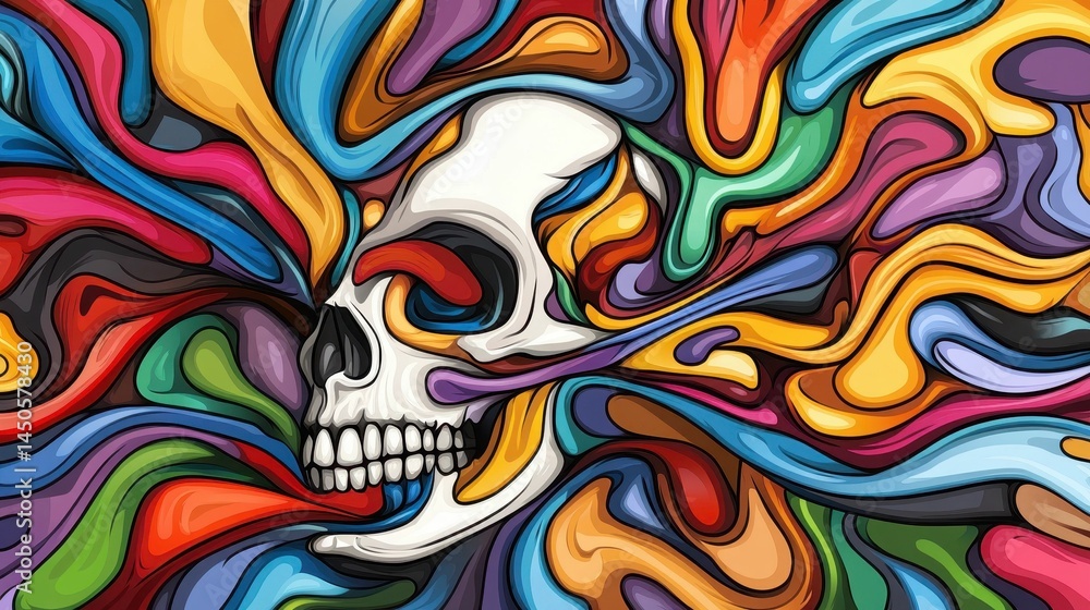 Skull engulfed in vibrant, swirling abstract forms. Skull engulfed in vibrant, swirling abstract forms.
