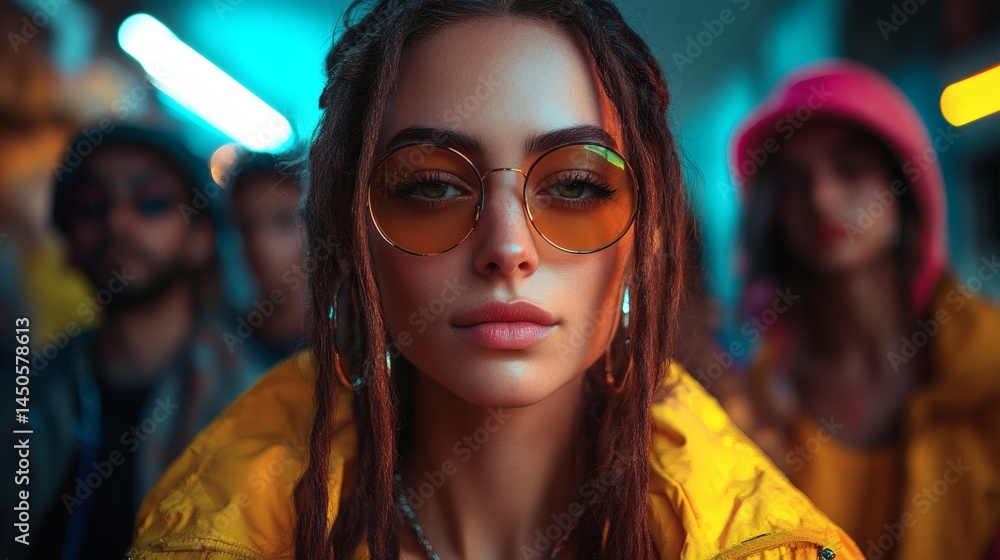 Naklejka premium Portrait of a young adult woman with dreadlocks wearing yellow tint glasses looking at the camera, headshot portrait on a transparent background, PNG image, PNG file.