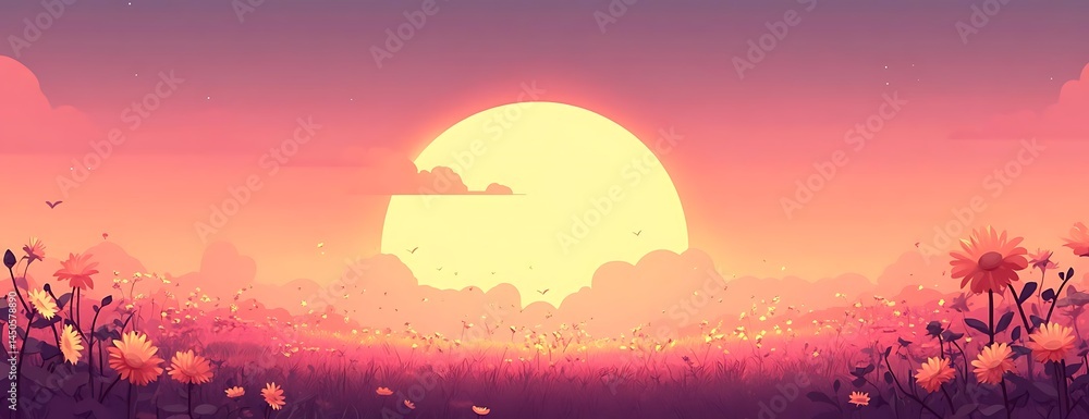 Obraz premium Sunset field, flowers, peace. Website background