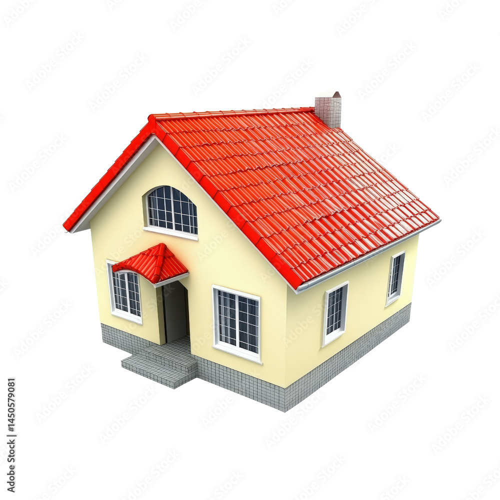 Illustration of a modern small house with a red tiled roof, cream exterior walls, multiple , a front door with steps, and chimney on a plain white background Illustration of a modern small house with a red tiled roof, cream exterior walls, multiple , a front door with steps, and chimney on a plain white background