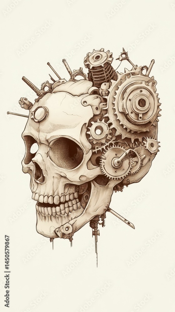 Fototapeta premium Mechanical gears integrated into a skull drawing.