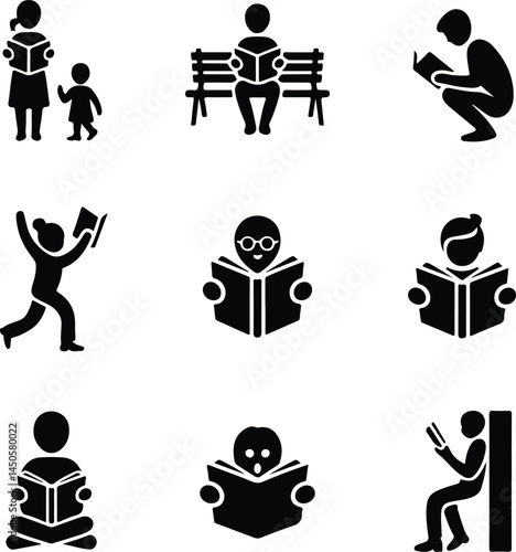 People Reading Book Silhouette Set | Study, Education, Knowledge Icon Pack Book Lover Silhouettes | Readers, Students, Learning Poses Vector
