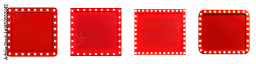 Four red square frames with lightbulb borders arranged in a row.