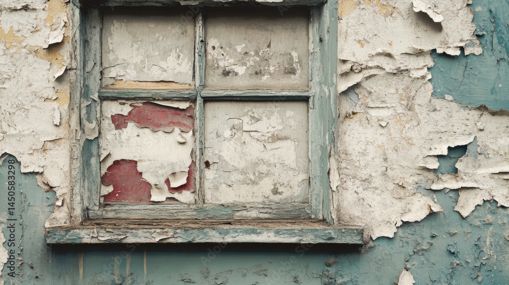Naklejka premium Aged, weathered window in a dilapidated building facade.