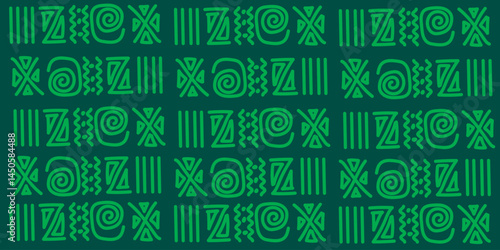 Africa pattern vector illustration with tribal symbols on green background. Hand-drawn ethnic elements, perfect for African heritage, celebration, or culture themes.