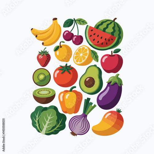 Set of fruits and vegetables. Fresh food, healthy eating concept. Vector illustration isolated on white background