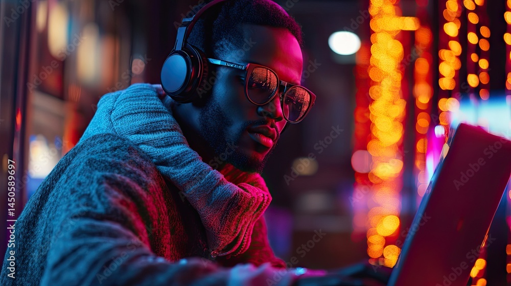 Man with headphones typing on laptop, creative hobby, digital work, productivity, leisure exploration, modern lifestyle, focused tech, working on interests. Man with headphones typing on laptop, creative hobby, digital work, productivity, leisure exploration, modern lifestyle, focused tech, working on interests.