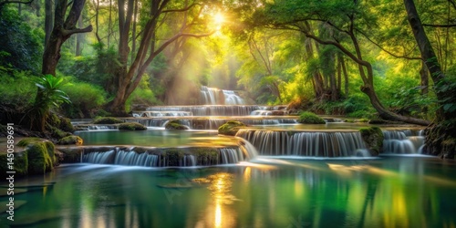 Tranquil Forest Waterfall bathed in Golden Sunlight, cascading into a serene pool, surrounded by lush greenery