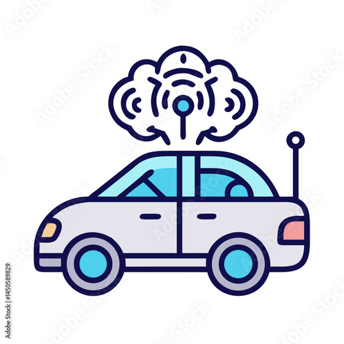 “Autonomous Car with Brain Sensor Icon – AI Vehicle, Smart Driving, Technology Symbol, Minimal Vector Design, Editable Stroke”