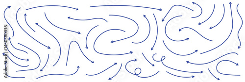 Hand-drawn vector arrow set, different curved lines, Arrow vector blue hand-drawn sketch icon set. Doodle sketch drawn blue arrow direction element, Pencil doodle line graphic design element