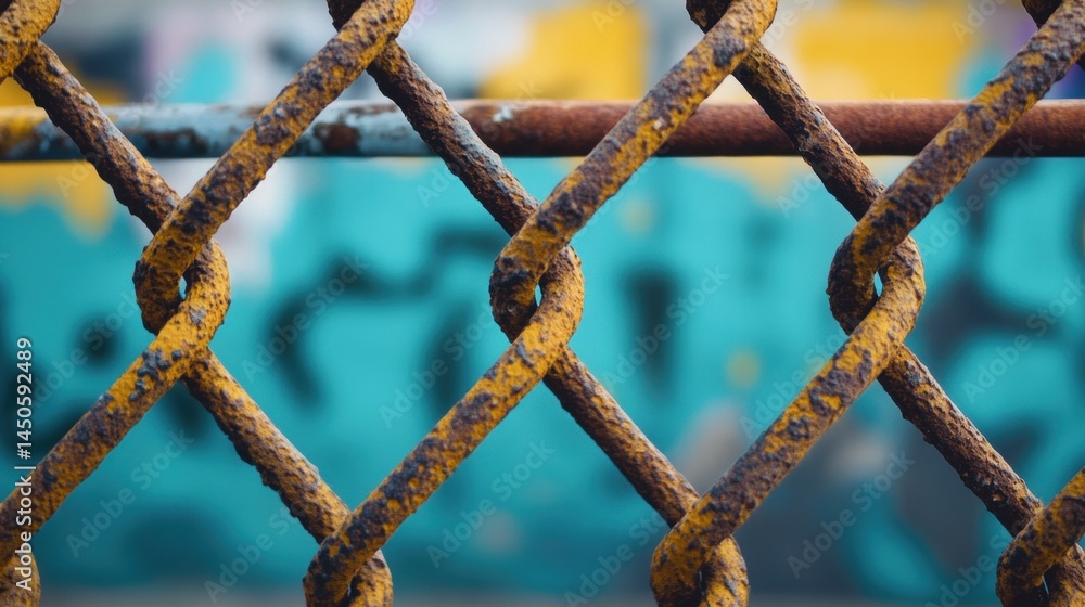 Close-up view of rusty chain-link fence with teal background. Close-up view of rusty chain-link fence with teal background.