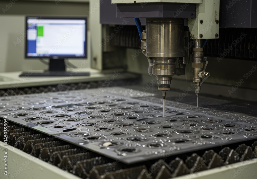 Precision metal cutting in action a waterjet cuts intricate designs into a sheet, creating a mesmerizing display of industrial artistry. Precision metal cutting in action a waterjet cuts intricate designs into a sheet, creating a mesmerizing display of industrial artistry.