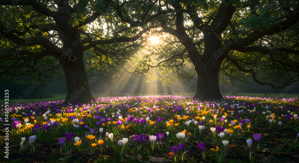 Naklejka premium Blooming Crocuses Under Sunlight Beams, A Magical Woodland Scene