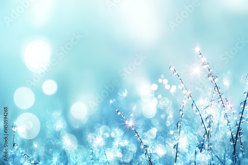 Delicate frosted plants, soft blue background.  Water droplets sparkle on frosted grasses.  Blurred bokeh effect adds depth to the pastel scene