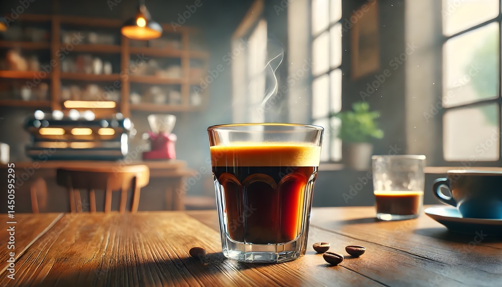 Glass of coffee on the table. Freshly brewed espresso coffee in transparent glass cup Glass of coffee on the table. Freshly brewed espresso coffee in transparent glass cup