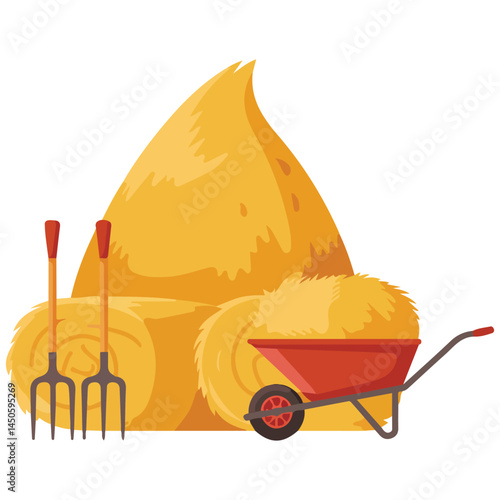 Cartoon haystack with pitchfork isolated vector illustration on white background