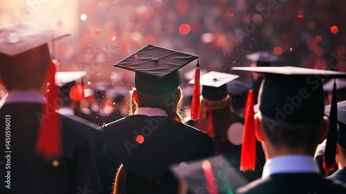 A group of graduating university students wearing black caps, gowns, and mortarboards celebrates their academic success and educational achievement with their diplomas at the ceremony