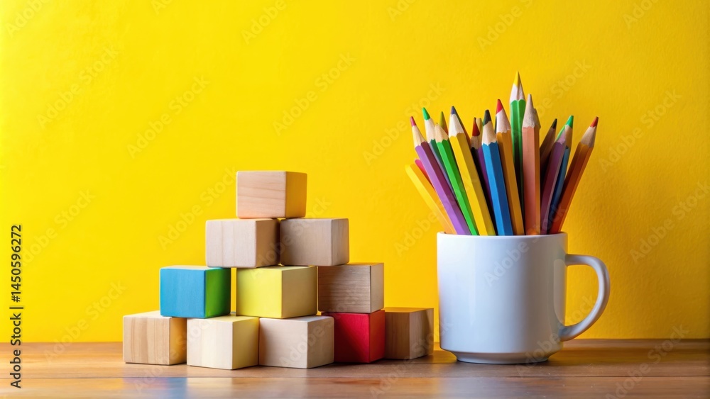 Obraz premium Wooden blocks and colored pencils in a white mug on a table with a bright yellow background.