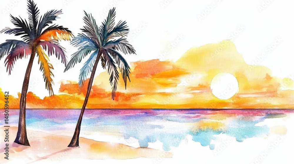 Obraz premium watercolor painting of a beach sunset with palm trees and a calm sea view