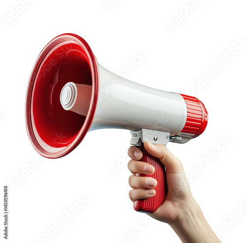 Public speaking event utilizing a megaphone in an urban environment engaging audience isolated on transparent background