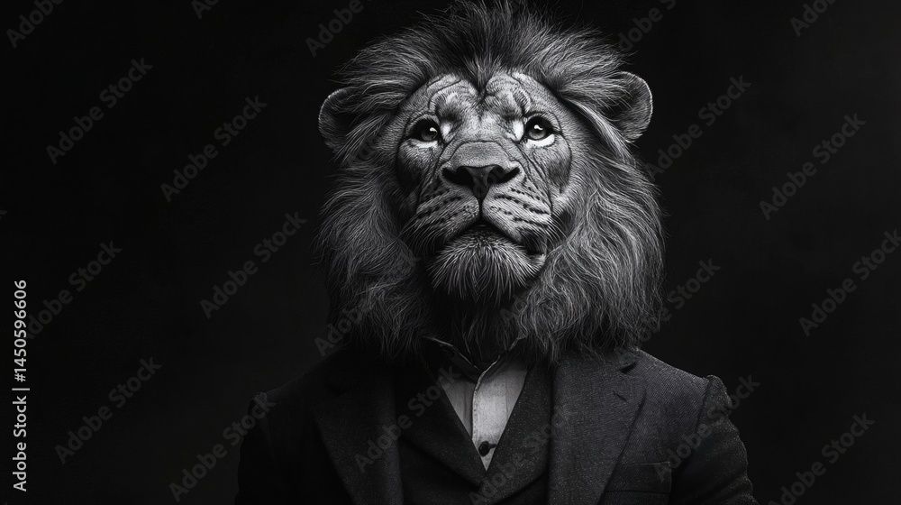 Lion with human features dressed in business attire, serious expression, artistic portrait, monochrome animal face, style concept on a transparent background, PNG image, PNG file. Lion with human features dressed in business attire, serious expression, artistic portrait, monochrome animal face, style concept on a transparent background, PNG image, PNG file.