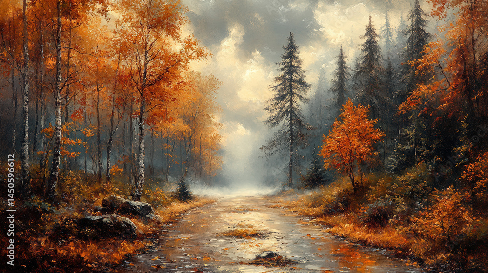 A misty forest path winds through autumn foliage, leading to a hidden clearing bathed in soft sunlight A misty forest path winds through autumn foliage, leading to a hidden clearing bathed in soft sunlight