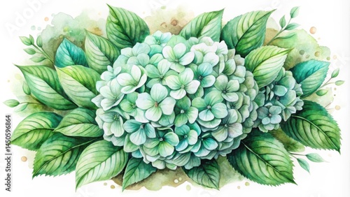 A watercolor painting depicting a lush bouquet of delicate hydrangea blossoms surrounded by vibrant green leaves, creating a serene and natural composition.