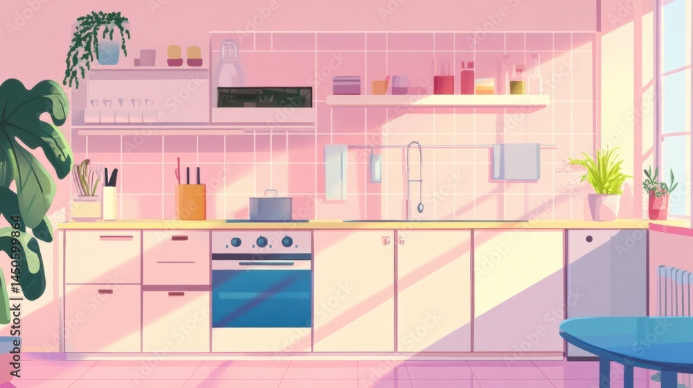 Fototapeta premium A pastel pink kitchen interior design with sunlight streaming in.