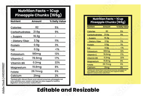 Pineapple Nutrition facts database template design with vector, supplement facts, nutrition facts label, nutrition label, nutritional value, healthy food facts, nutrition information panel.