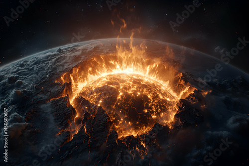 This image depicts Earth in a cataclysmic state engulfed in flames. Suggesting a scene of planetary destruction or apocalypse.