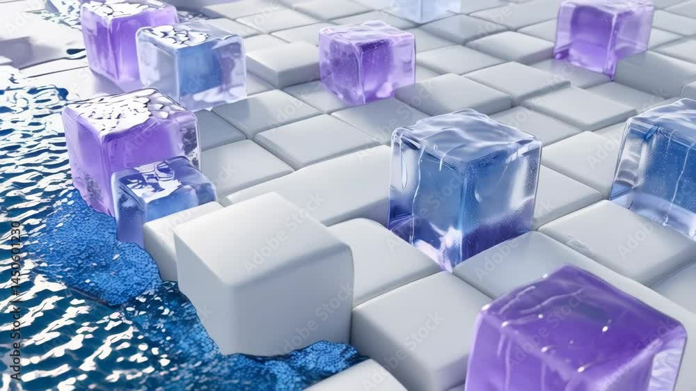Translucent colored ice cubes melting on a white tile surface showing abstract shapes and modern minimalist forms with cooling effect