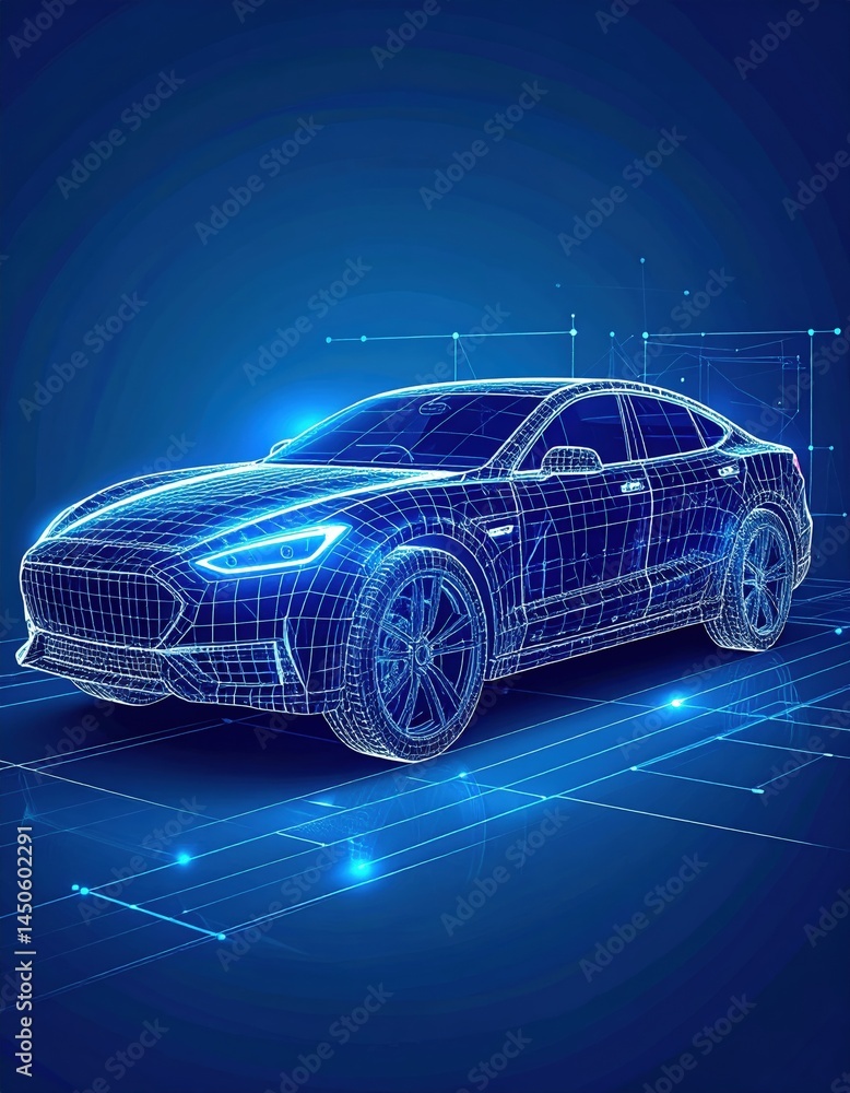Naklejka premium A sleek, futuristic car adorned with vibrant blue lines and illuminated accents, radiating a captivating glow against a dark urban backdrop.