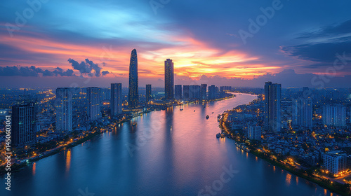 Wallpaper Mural A panoramic view of a city skyline at sunset, with a river flowing through the center and tall buildings on either side Torontodigital.ca