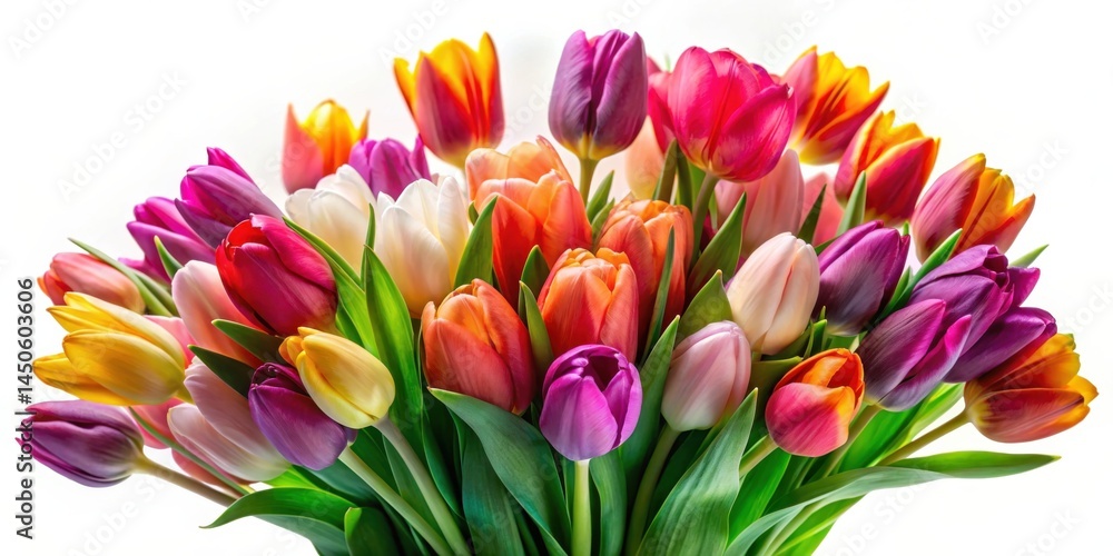 A vibrant bouquet of colorful tulips, featuring a medley of pink, purple, yellow, and orange hues, arranged in a stunning display against a clean white background. A vibrant bouquet of colorful tulips, featuring a medley of pink, purple, yellow, and orange hues, arranged in a stunning display against a clean white background.