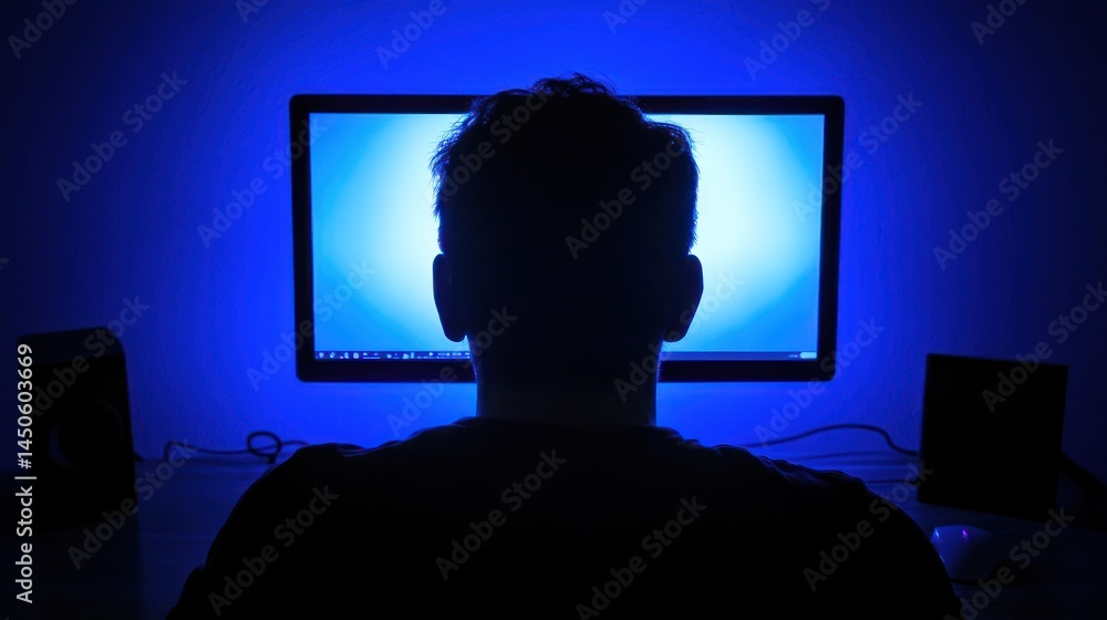 Person using computer at night blue light silhouette Person using computer at night blue light silhouette
